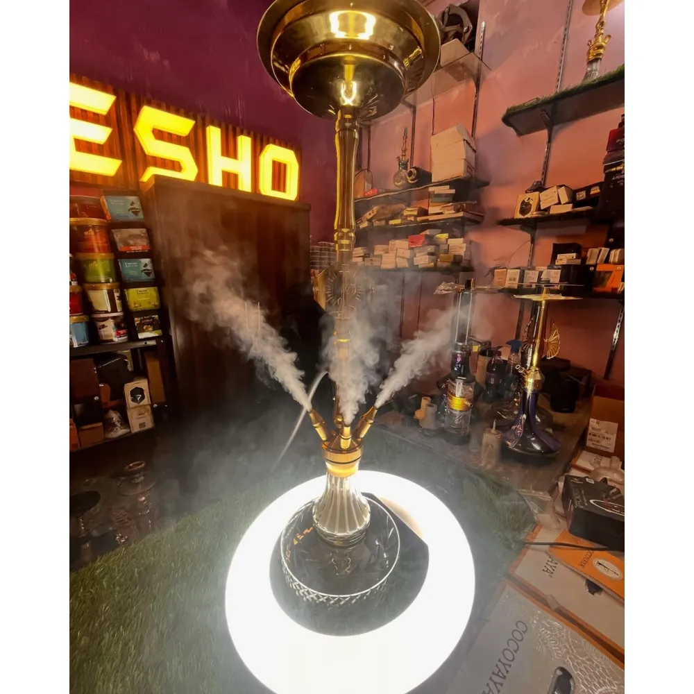 284.webp COCOYAYA Great King 4 Stripe Hookah - Gold Stem with Transparent Base - Image 1