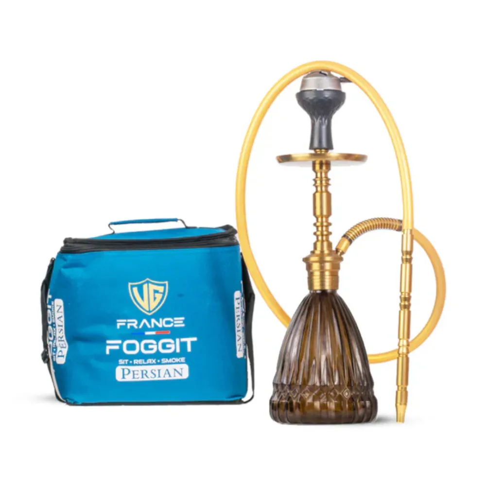 39-1.webp Persian Prism Hookah with Bag – Gold Stem / Brown Glass Base - Image 1