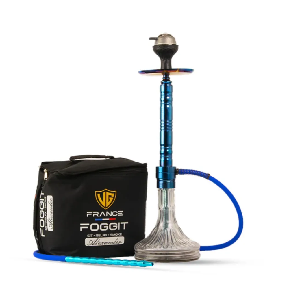 Attack-Hookah-with-Bag-Blue.webp Attack Hookah with Travel Bag - Blue Stem & Transparent Glass Base - Image 1