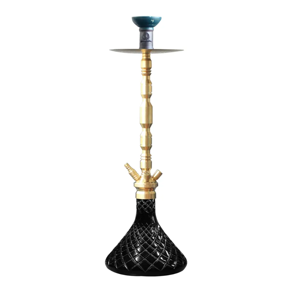 COCOYAYA-King-Series-Spector-Hookah-Golden-Base-Black.webp King Series Spector Hookah - Golden Stem with Black Glass Base - Image 1