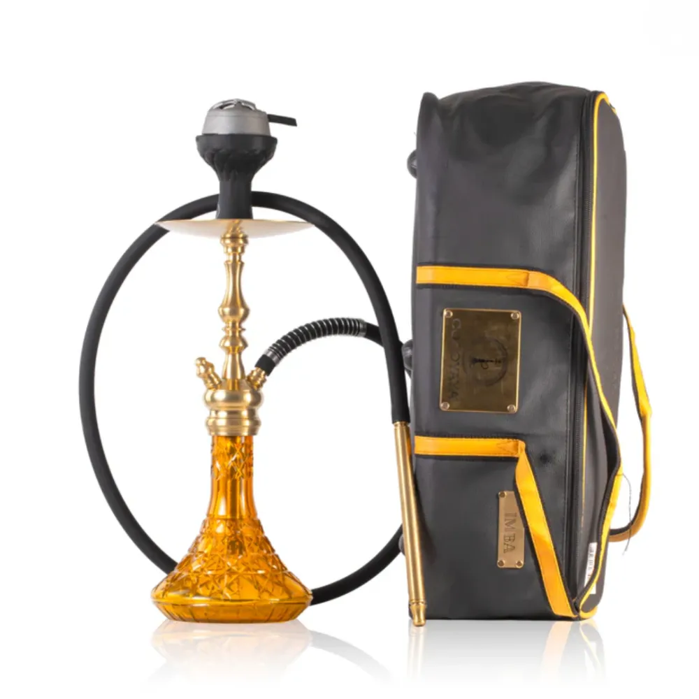 ORANGE-MINT-29-1.webp COCOYAYA Simba Hookah with Carry Bag - Gold Stem / Amber Glass Base - Image 1