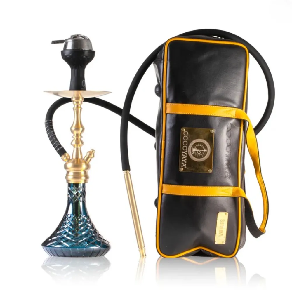 ORANGE-MINT-32-3.webp COCOYAYA Simba Hookah with Carry Bag - Gold Stem / Navy Glass Base - Image 1