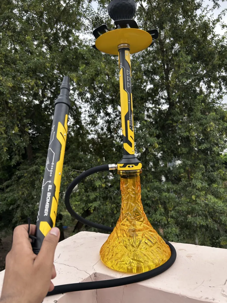 img_8493-scaled-1.webp El Bomber Jack Hookah – Yellow Stem with Transparent Base (30 Inches) - Image 1